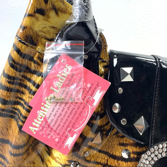 Charm and Luck 100% Genuine Leather Tiger Stripes, Embellished Handbag. - Picture 3 of 16